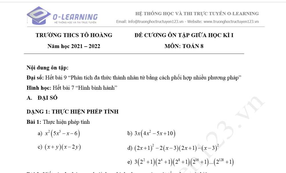 Toán 8: Đề cương Ôn tập giữa học kỳ 1. Trường THCS Tô Hoàng năm học 2021-2022
